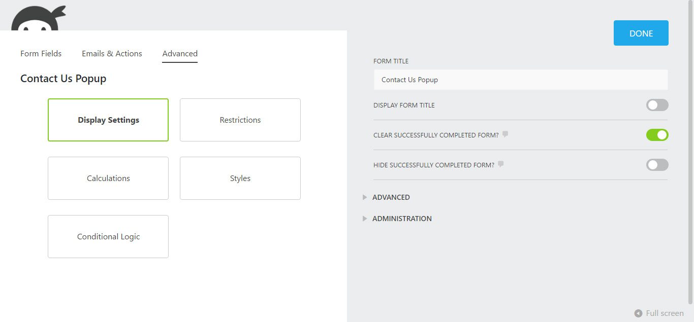 Contact Us Form Display Settings
