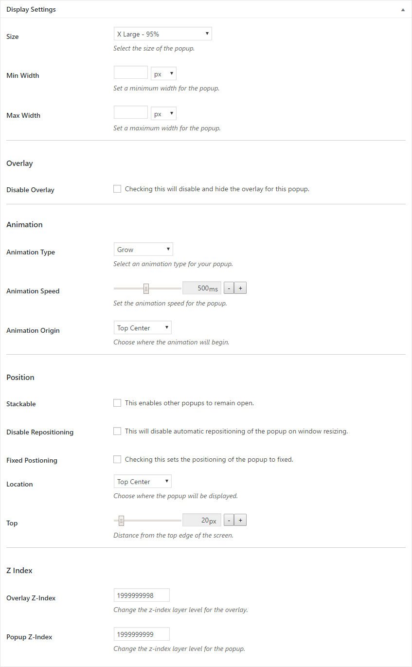 Contact Us Popup Popup Maker Display Settings