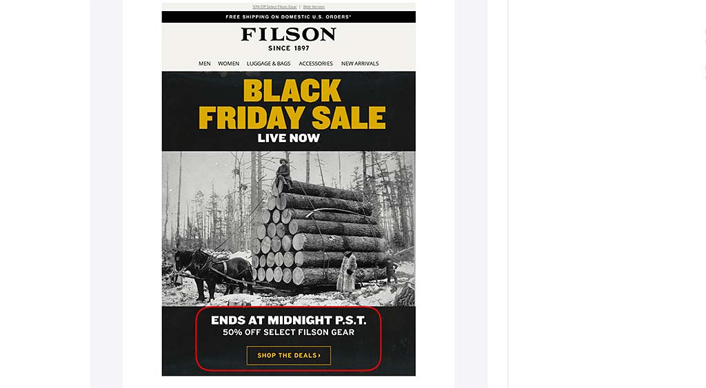 Filson Black Friday 50% Sale Banner
