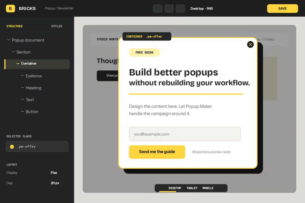 Simplified Bricks editor showing popup structure and responsive controls.