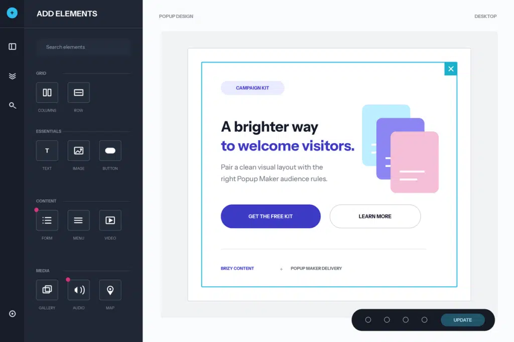 Simplified Brizy editor showing popup elements and responsive layout controls.