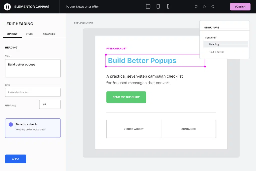 Simplified Elementor editor showing popup content selected for visual editing.