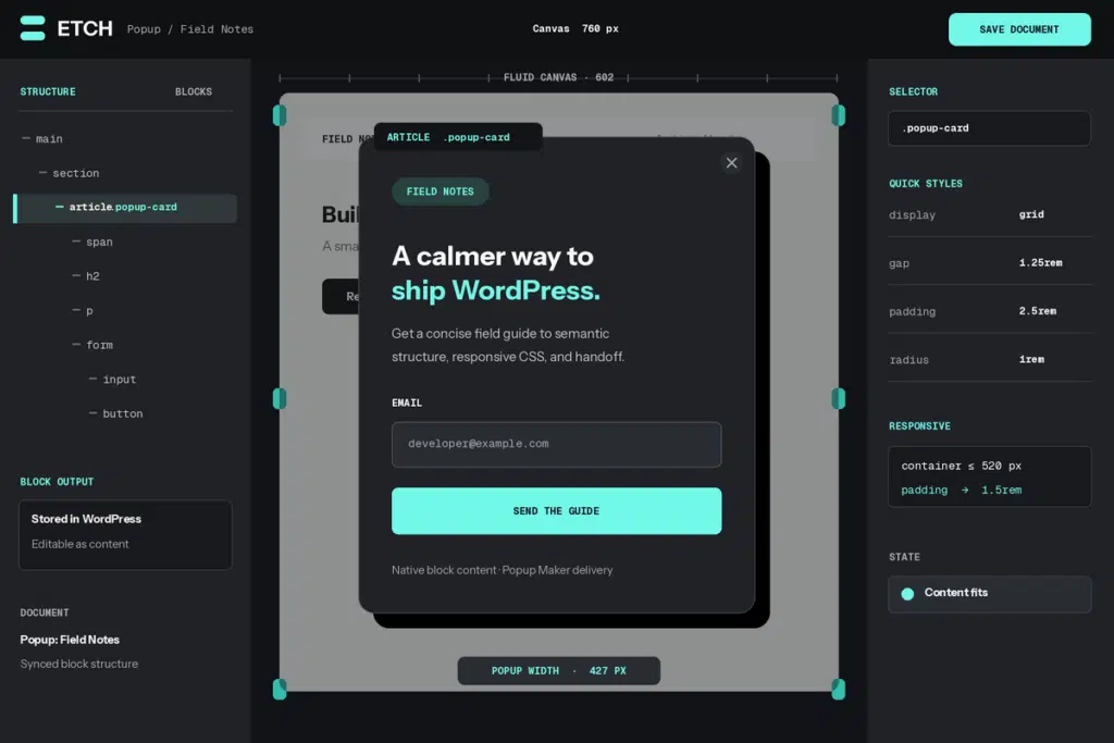Simplified Etch editor showing native popup block structure and responsive controls.