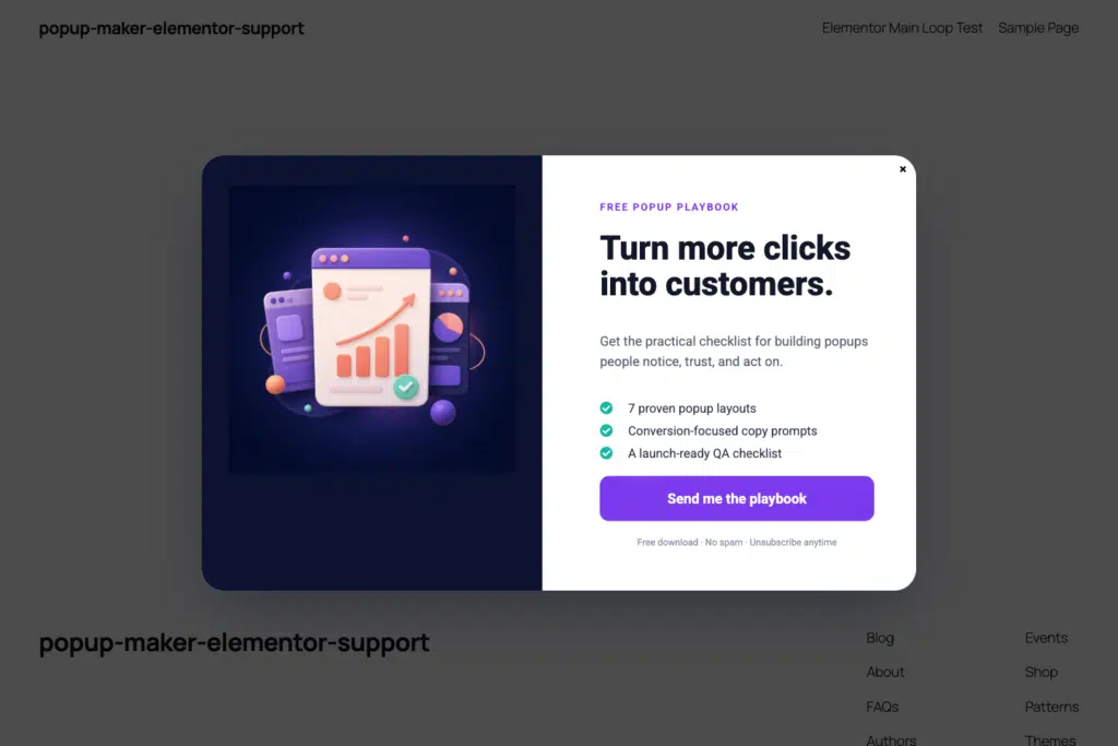 A finished lead-generation popup designed with Elementor and displayed by Popup Maker.