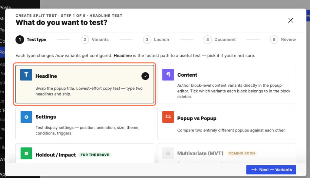 How To Split Test A Popup In Popup Maker 15 Pm Click Headline Then Next