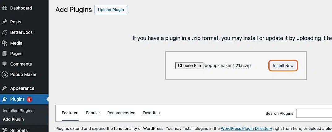 Installing Popup Maker On Your Wordpress Site 6 Click Install Now To Upload And Install From A Zip File
