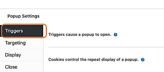 How To Create A Woocommerce Cart Abandonment Popup 3 Popup Settings ≫ Triggers Highlighted In Orange