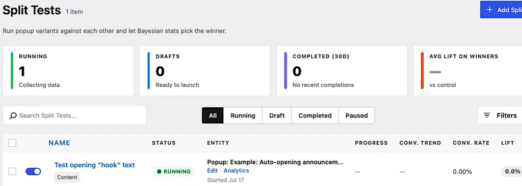 How To Create A Content Split Test 17 Pm Pro Split Running Status