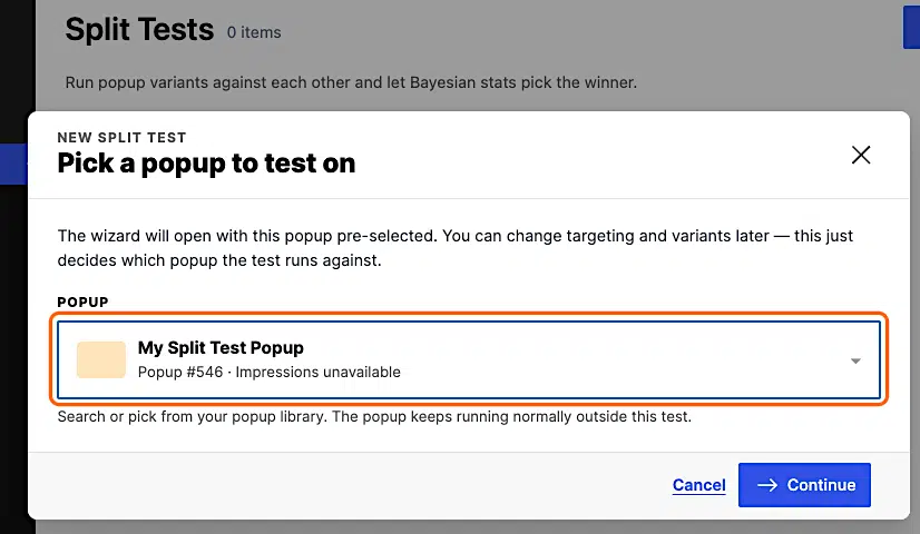 How To Split Test A Popup In Popup Maker 14 Pm Select Split Test Popup