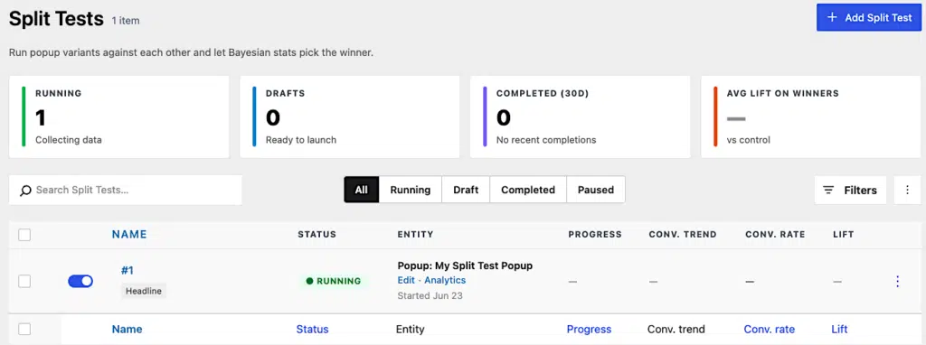 How To Split Test A Popup In Popup Maker 20 Pm Split Tests Admin Page Listing