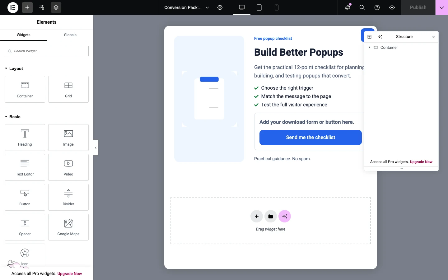 How To Build An Elementor Popup With Popup Maker 4 Elementor Content Library Open Beside The Popup Design.