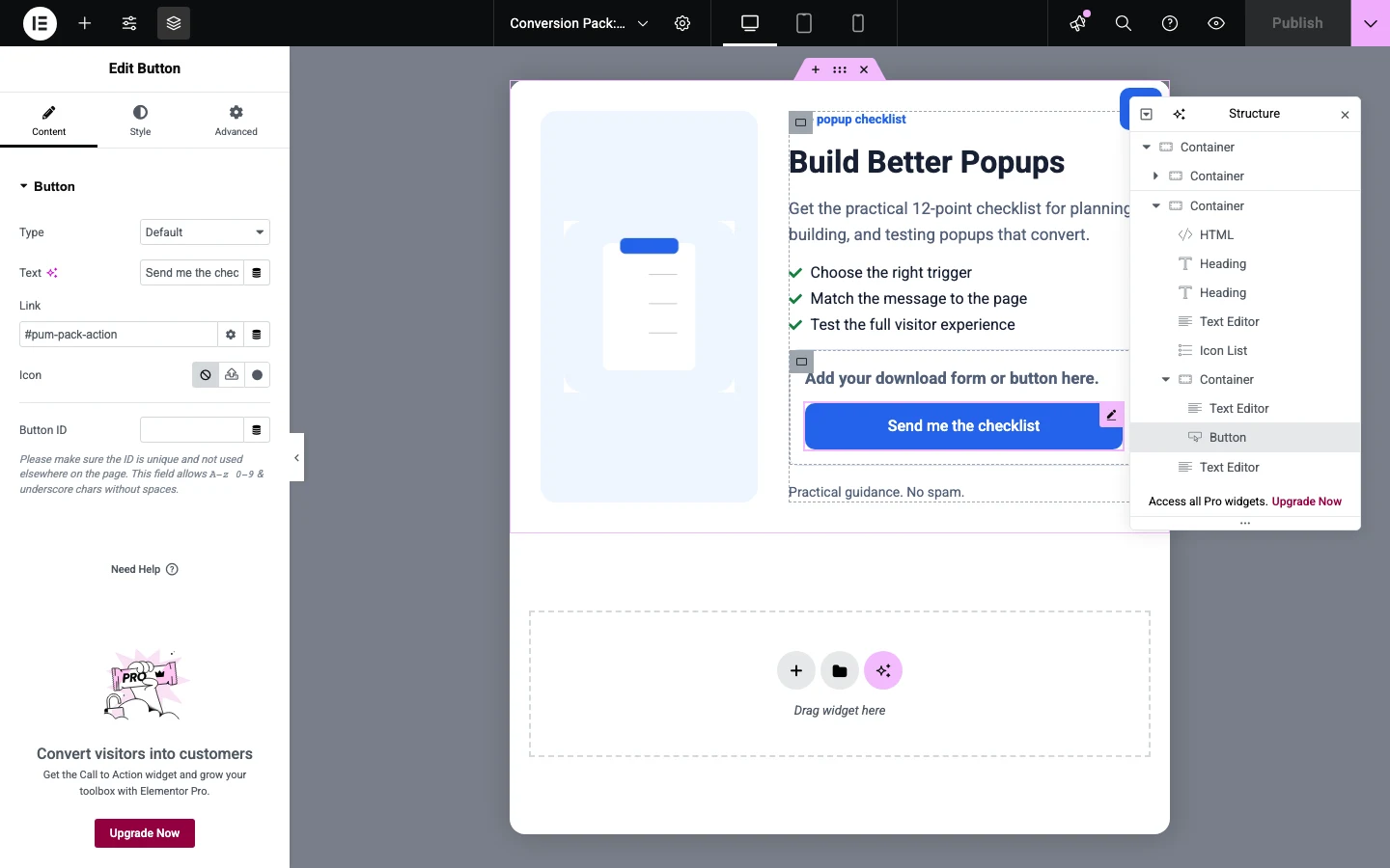 How To Build An Elementor Popup With Popup Maker 6 Send Me The Checklist Button Selected In The Elementor Editor.