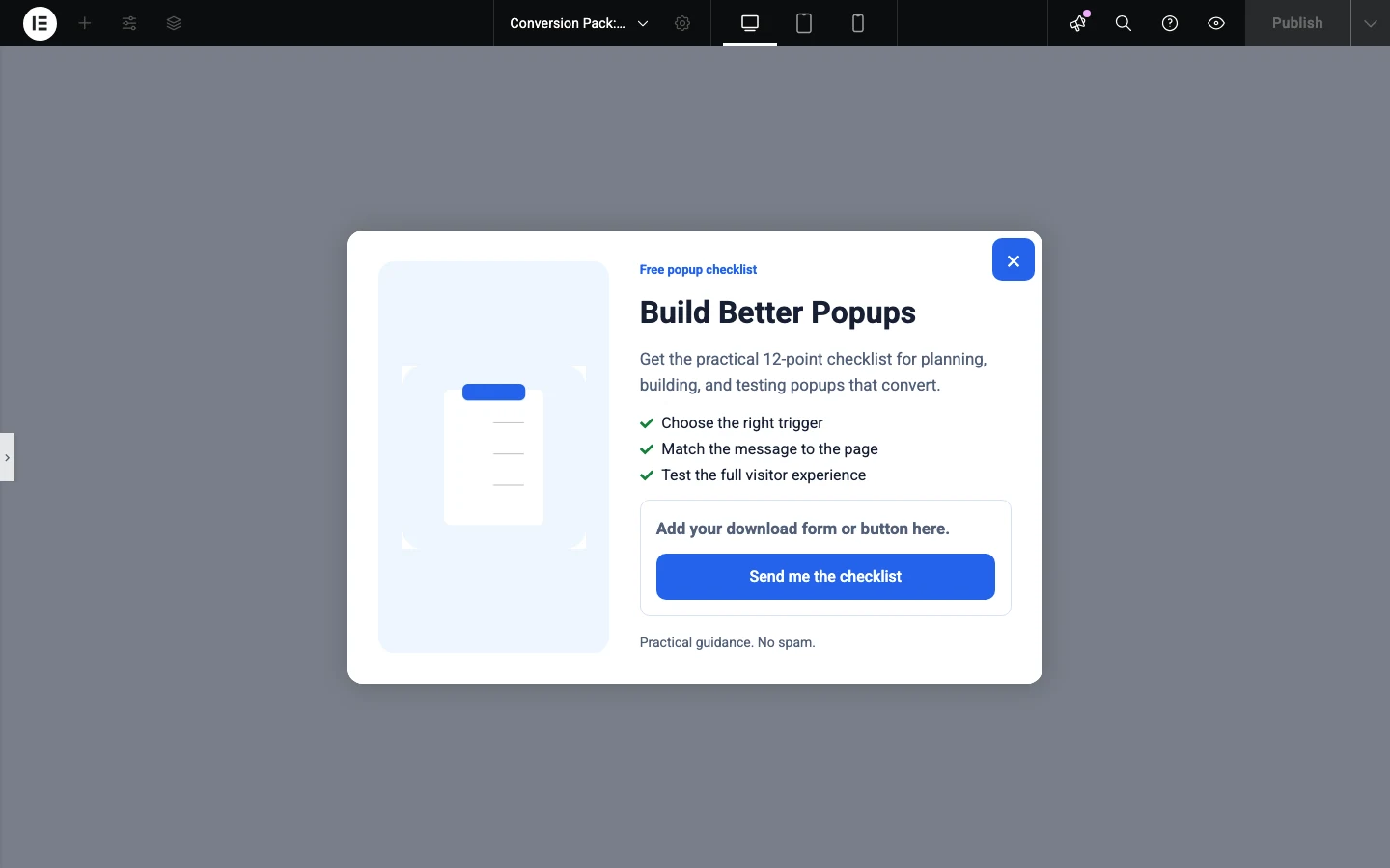 How To Build An Elementor Popup With Popup Maker 3 Elementor Editor Loaded With The Content Upgrade Popup Design.