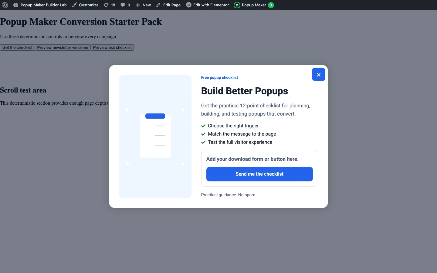 How To Build An Elementor Popup With Popup Maker 1 Finished Content Upgrade Popup Open Over The Desktop Test Page.