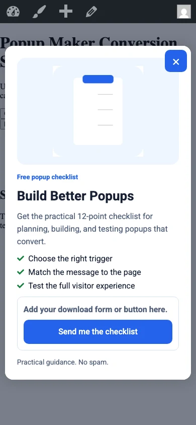 How To Build An Elementor Popup With Popup Maker 13 Finished Content Upgrade Popup Open Over The Mobile Test Page.
