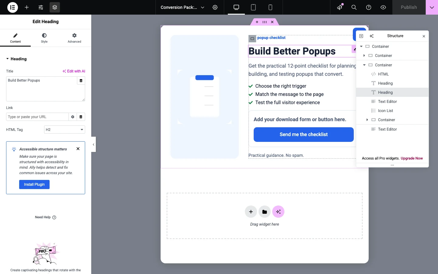 How To Build An Elementor Popup With Popup Maker 5 Build Better Popups Heading Selected In The Elementor Editor.