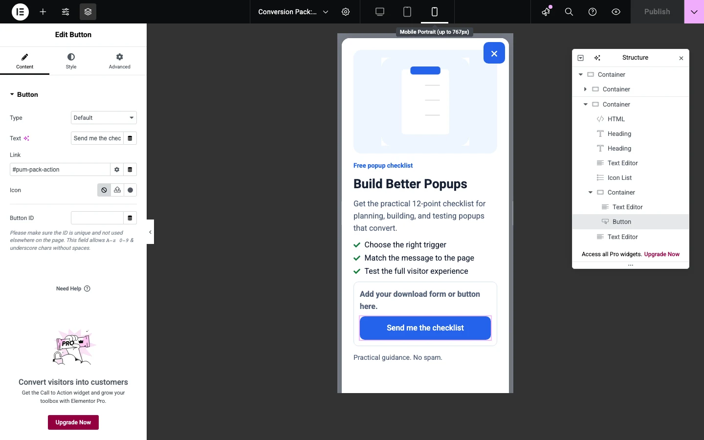 How To Build An Elementor Popup With Popup Maker 7 Elementor Mobile Editor Showing The Responsive Popup Design.