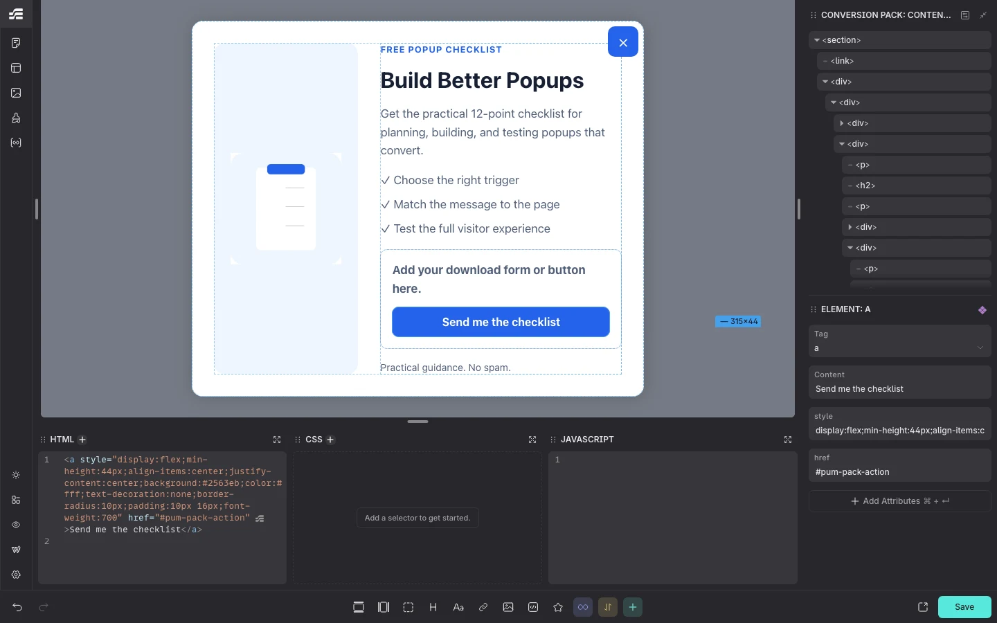 How To Create An Etch Popup With Popup Maker 6 Send Me The Checklist Button Selected In The Etch Editor.