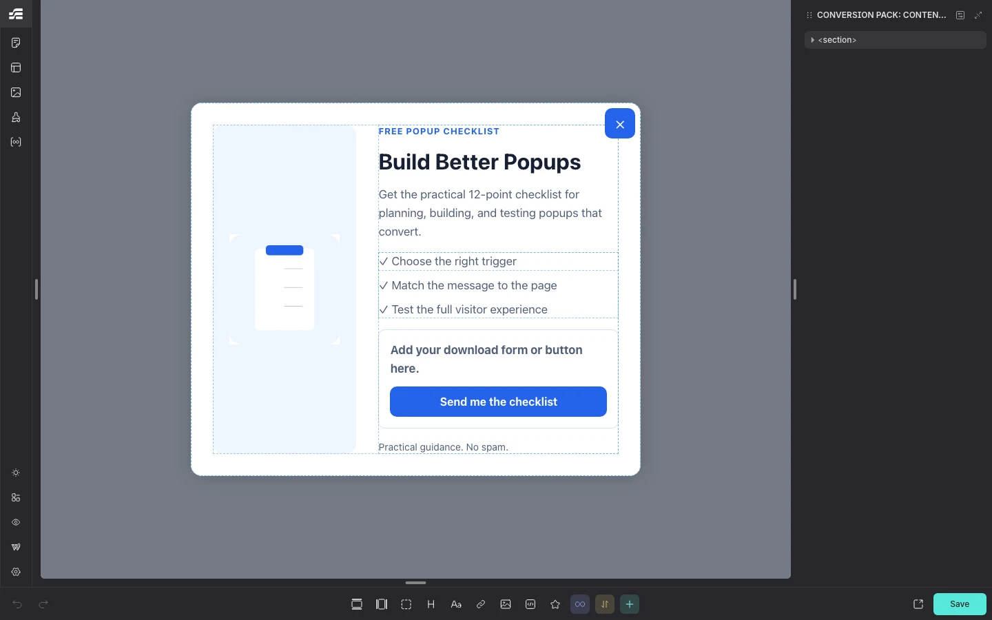 How To Create An Etch Popup With Popup Maker 3 Etch Editor Loaded With The Content Upgrade Popup Design.