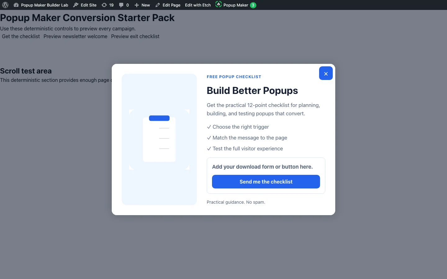 How To Create An Etch Popup With Popup Maker 1 Finished Content Upgrade Popup Open Over The Desktop Test Page.