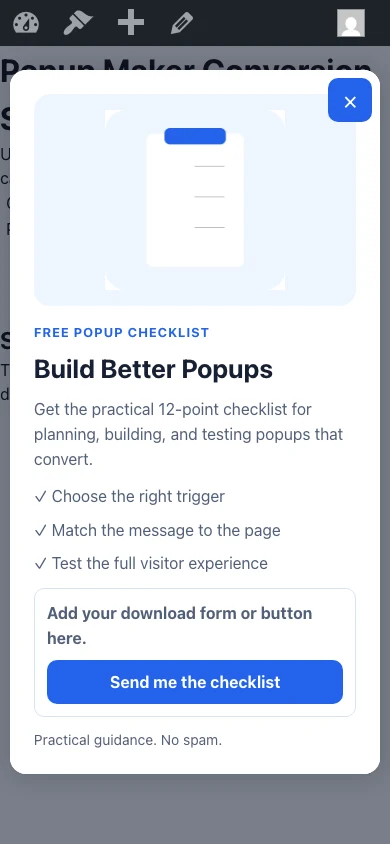 How To Create An Etch Popup With Popup Maker 13 Finished Content Upgrade Popup Open Over The Mobile Test Page.