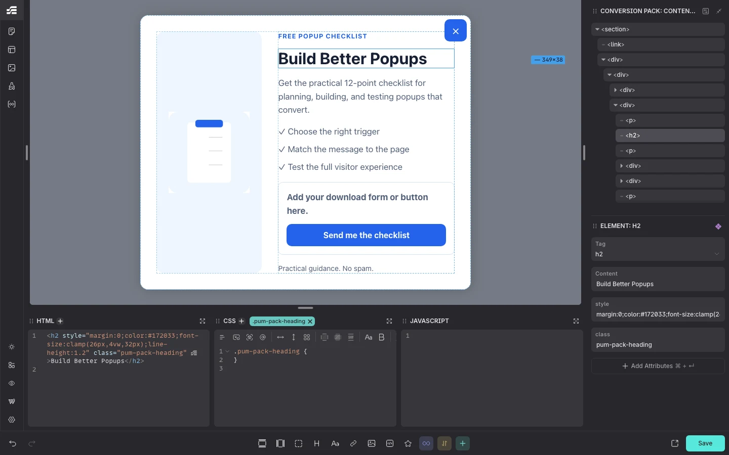 How To Create An Etch Popup With Popup Maker 5 Build Better Popups Heading Selected In The Etch Editor.