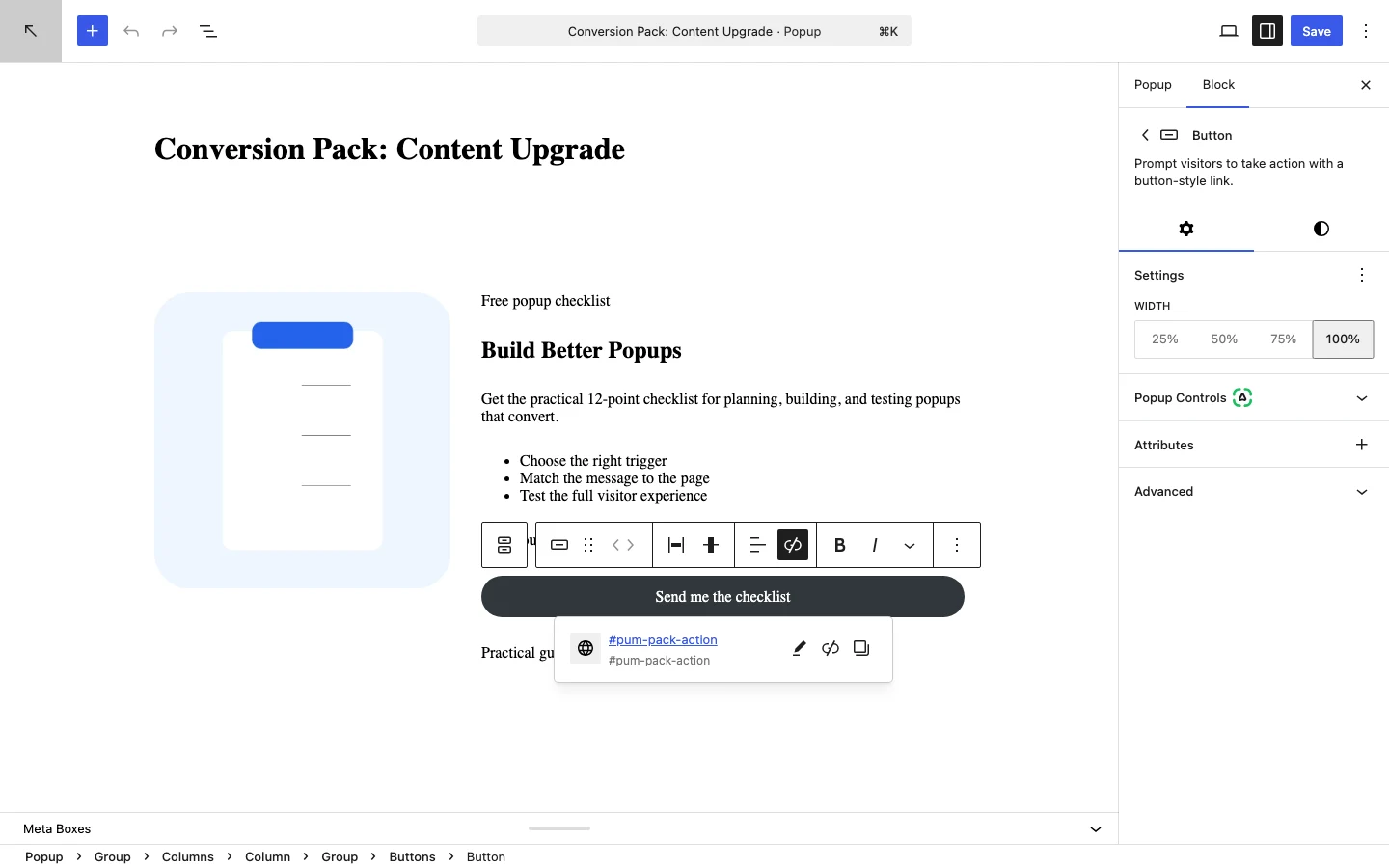 How To Create A Wordpress Block Editor Popup 6 Send Me The Checklist Button Selected In The Wordpress Block Editor Editor.