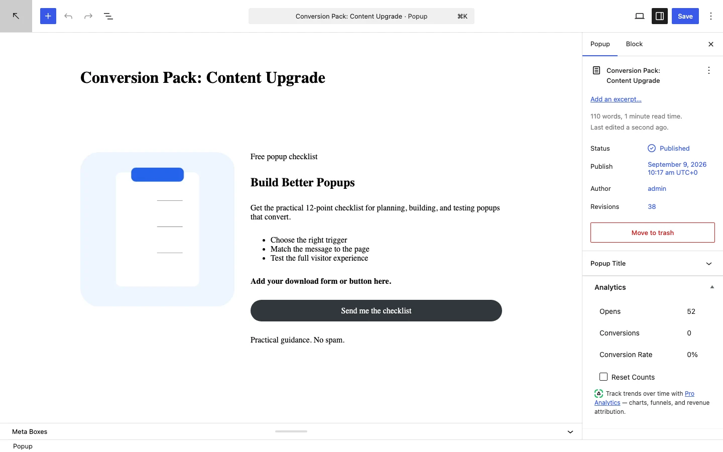 How To Create A Wordpress Block Editor Popup 3 Wordpress Block Editor Editor Loaded With The Content Upgrade Popup Design.