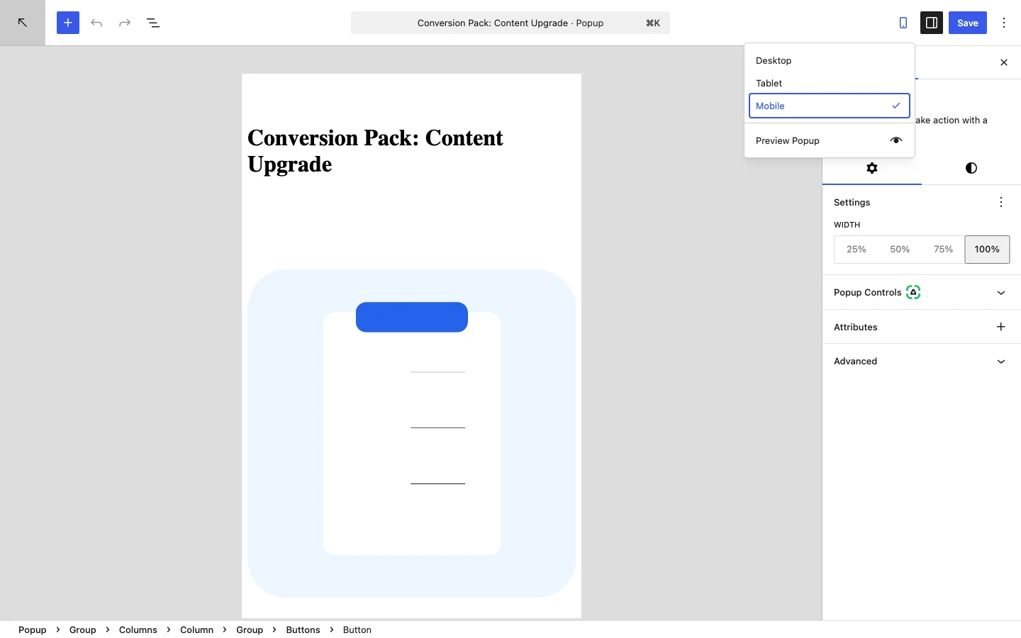 How To Create A Wordpress Block Editor Popup 7 Wordpress Block Editor Mobile Editor Showing The Responsive Popup Design.