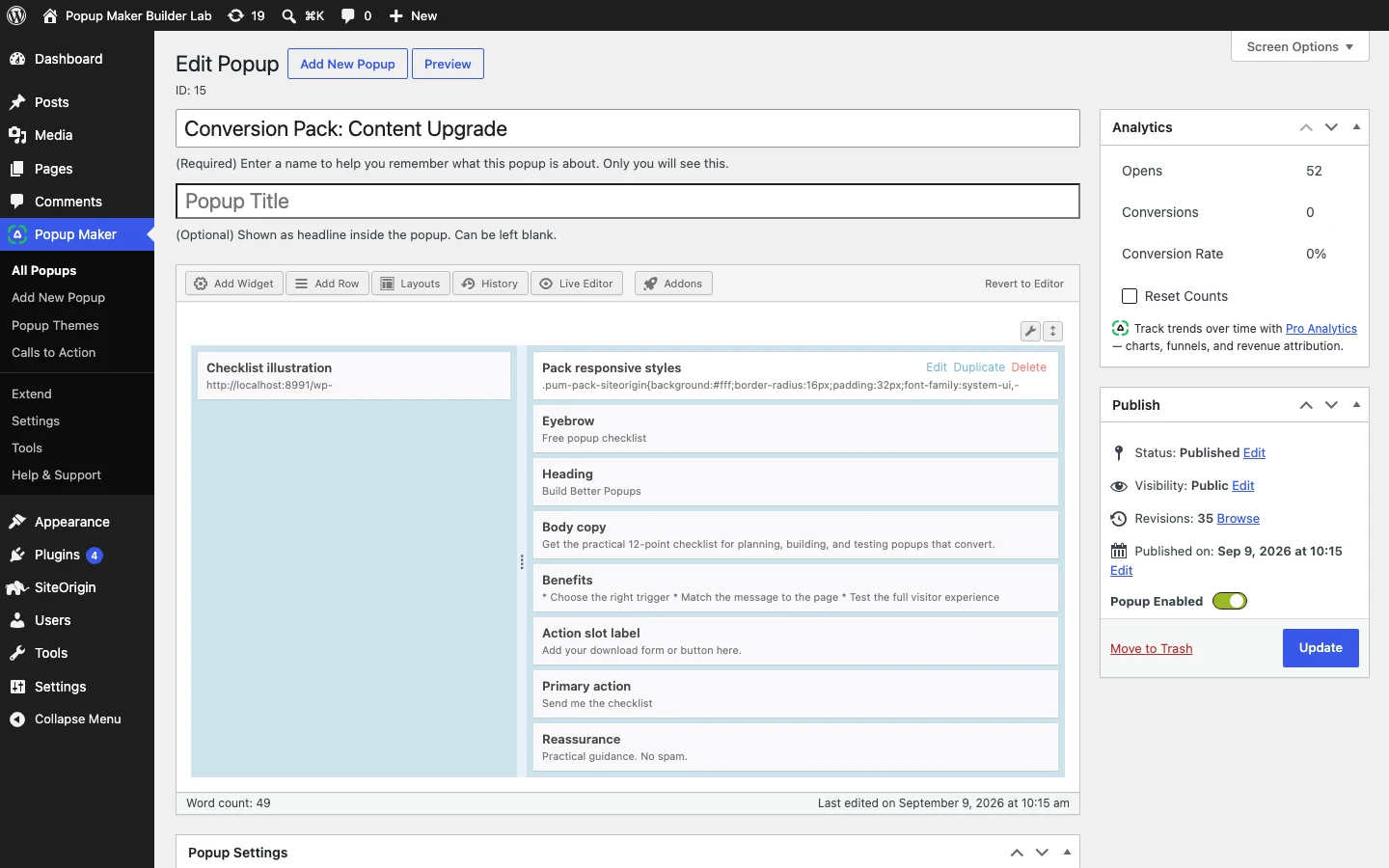 How To Create A Siteorigin Popup With Popup Maker 3 Siteorigin Editor Loaded With The Content Upgrade Popup Design.
