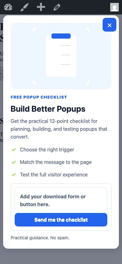 How To Create A Siteorigin Popup With Popup Maker 13 Finished Content Upgrade Popup Open Over The Mobile Test Page.