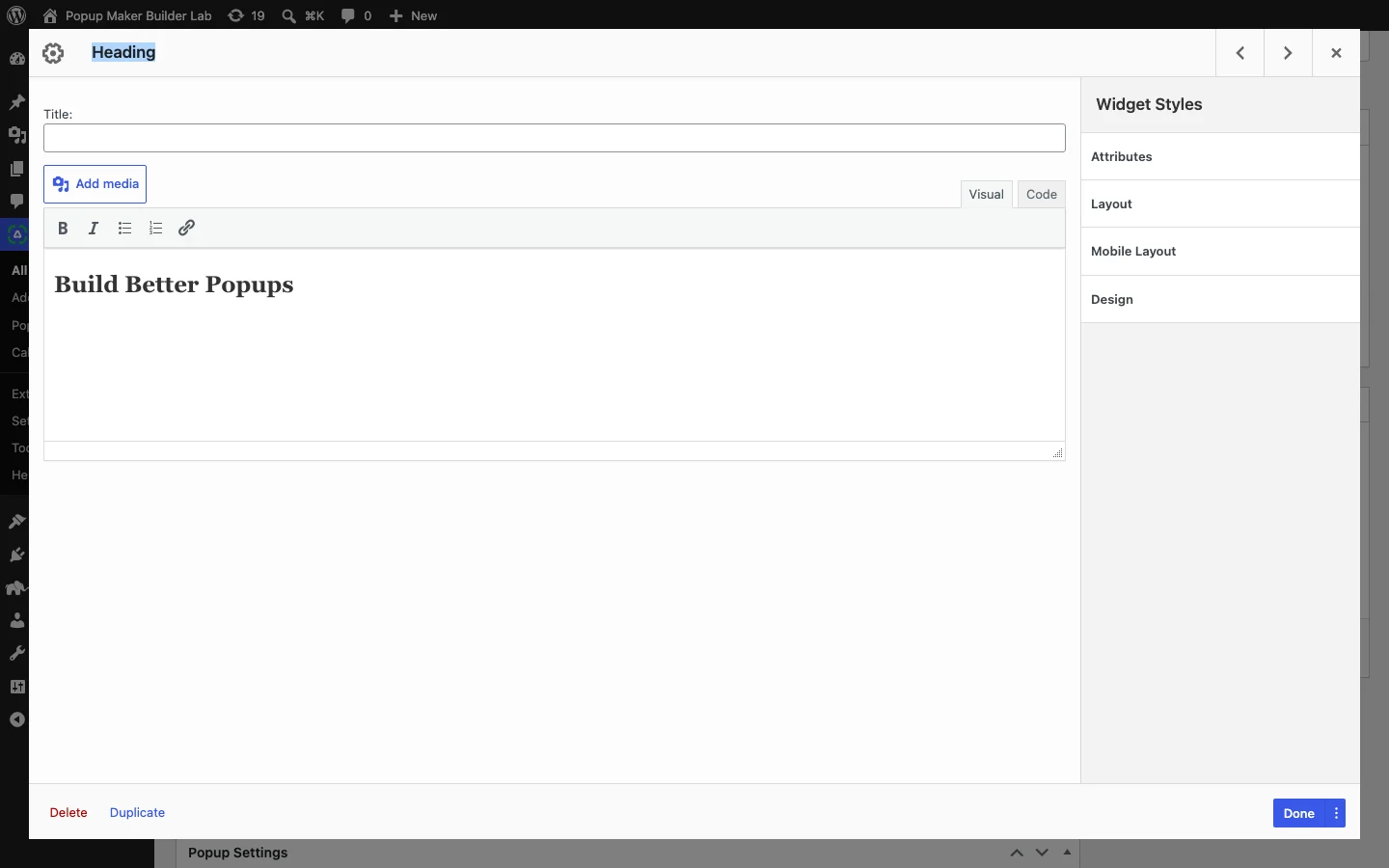 How To Create A Siteorigin Popup With Popup Maker 5 Build Better Popups Heading Selected In The Siteorigin Editor.