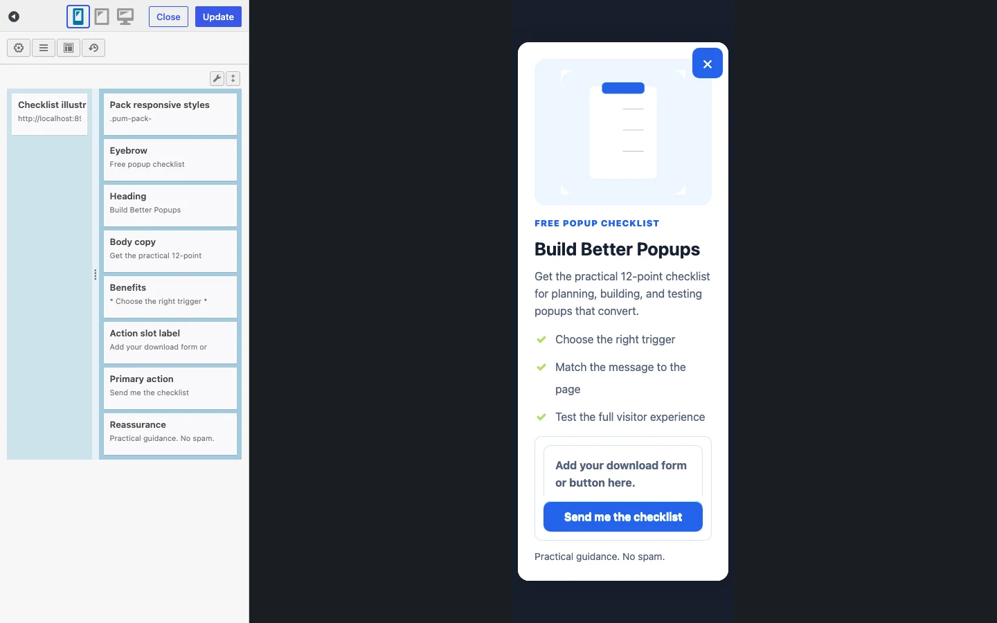 How To Create A Siteorigin Popup With Popup Maker 7 Siteorigin Mobile Editor Showing The Responsive Popup Design.