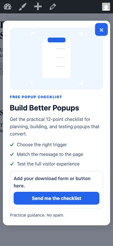 How To Create A Visual Composer Popup 13 Finished Content Upgrade Popup Open Over The Mobile Test Page.