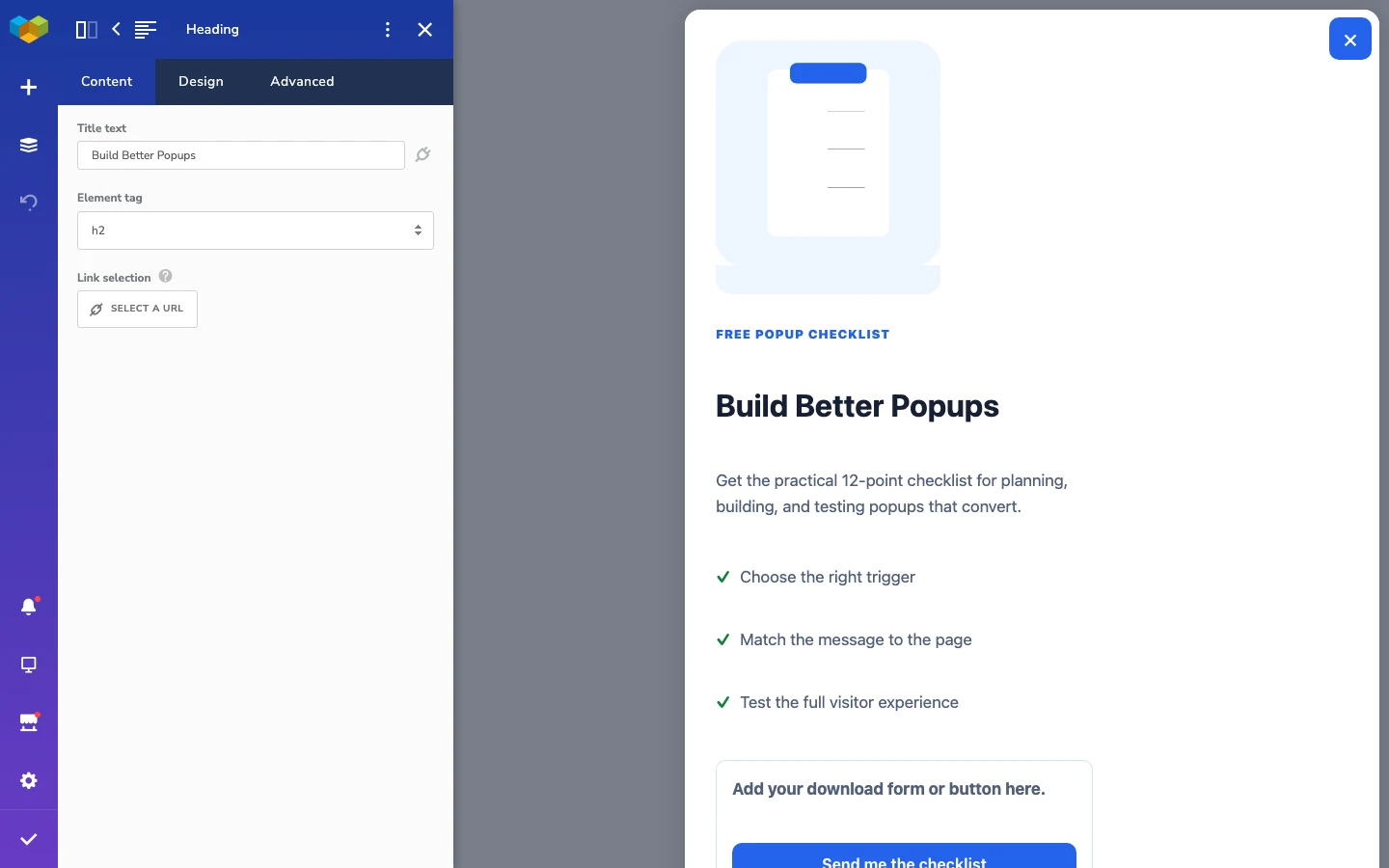 How To Create A Visual Composer Popup 5 Build Better Popups Heading Selected In The Visual Composer Editor.