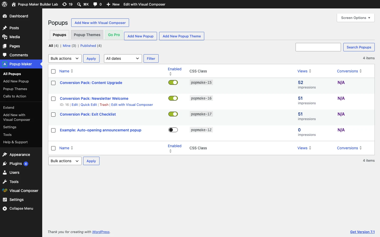 How To Create A Visual Composer Popup 2 Popup Maker Campaign List With The Content Upgrade Campaign Available To Edit.