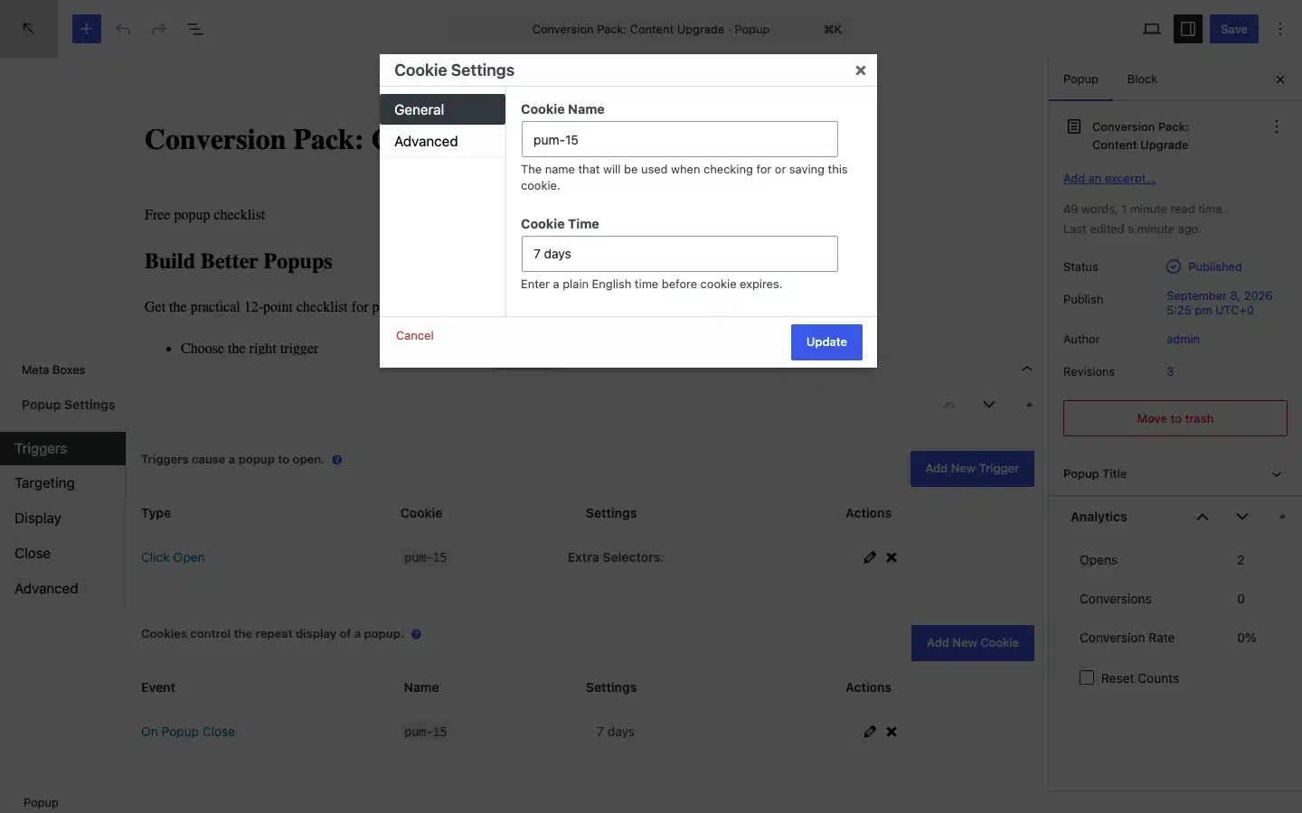 How To Create An Etch Popup With Popup Maker 11 Popup Maker Cookie Settings Dialog With The Close Event And Duration.