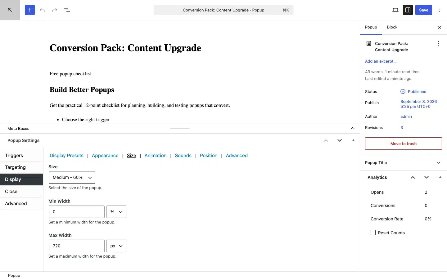How To Create An Etch Popup With Popup Maker 8 Popup Maker Display Settings Open To The Size Controls.