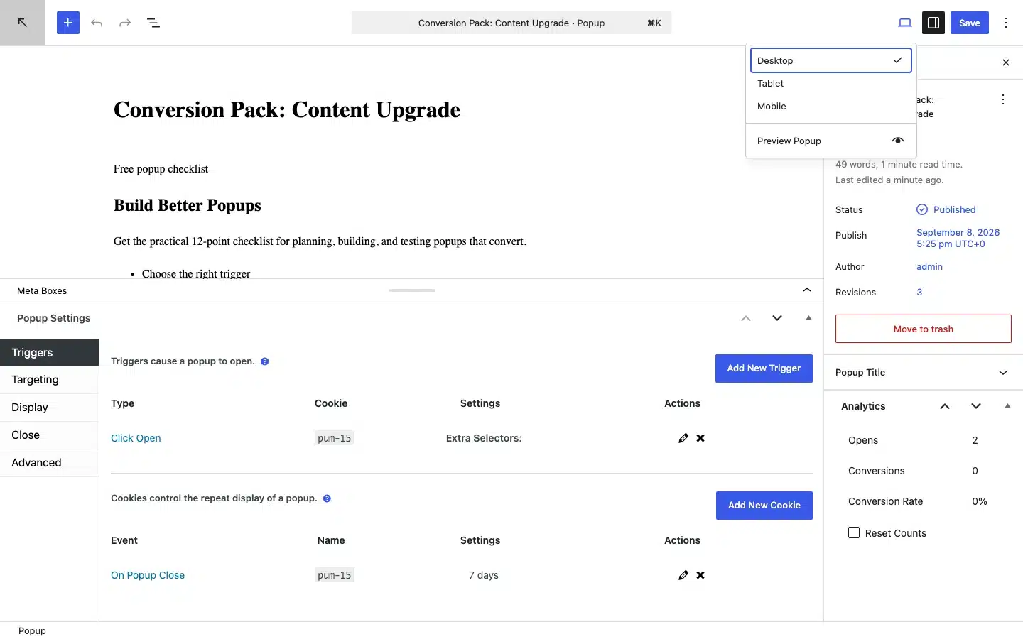 How To Create An Etch Popup With Popup Maker 12 Wordpress Editor View Menu With Preview Popup Available.