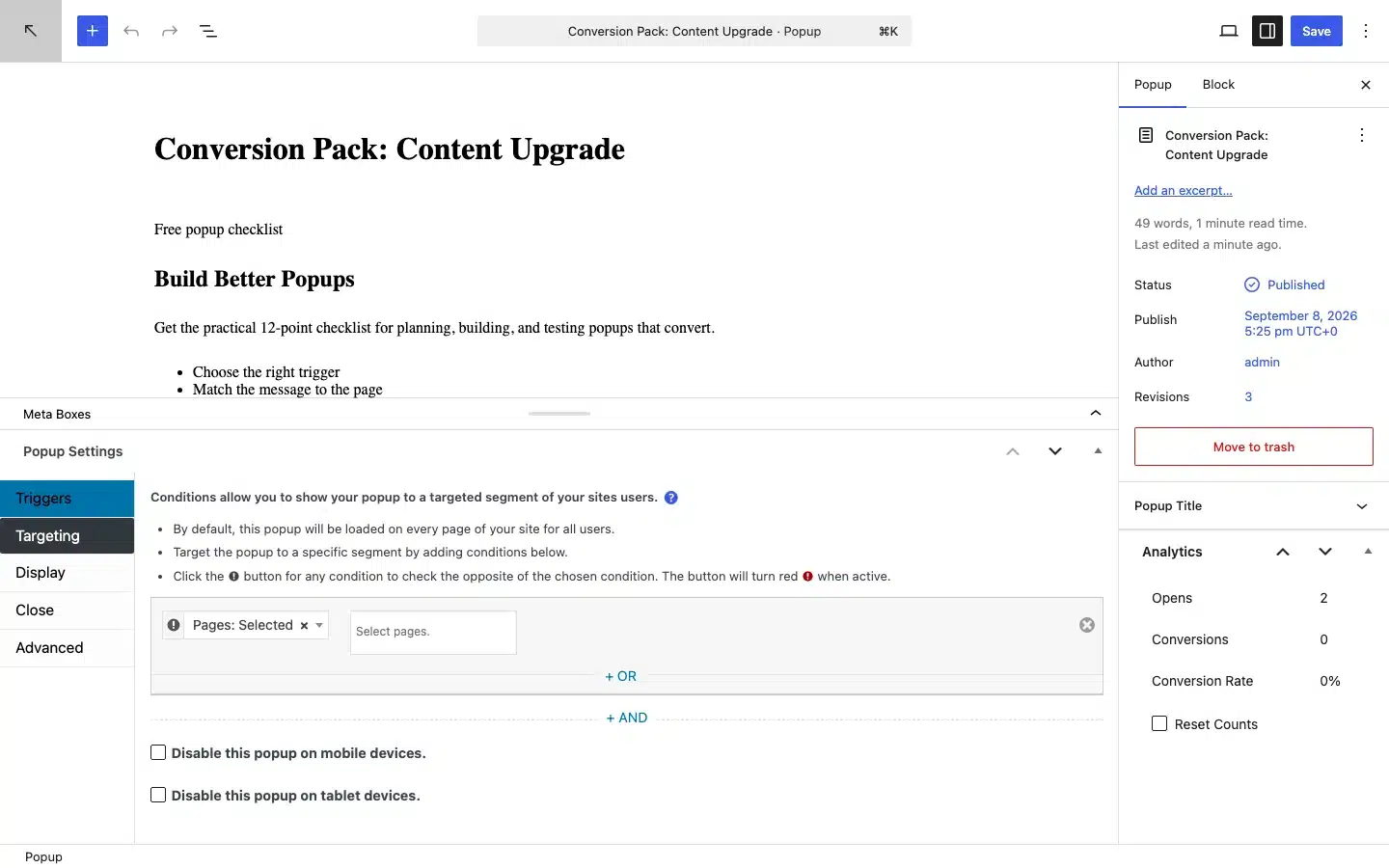 How To Create An Etch Popup With Popup Maker 10 Popup Maker Targeting Settings For The Campaign.