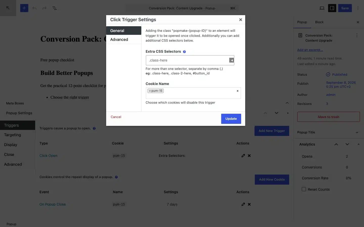 How To Create An Etch Popup With Popup Maker 9 Popup Maker Click Open Trigger Settings Dialog.