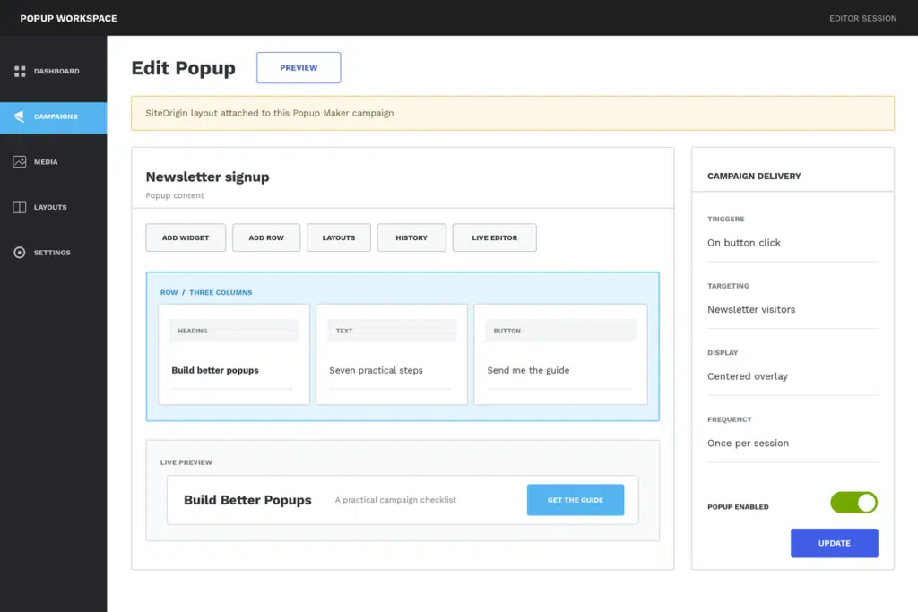Simplified SiteOrigin Page Builder interface showing rows, widgets, and popup campaign controls.