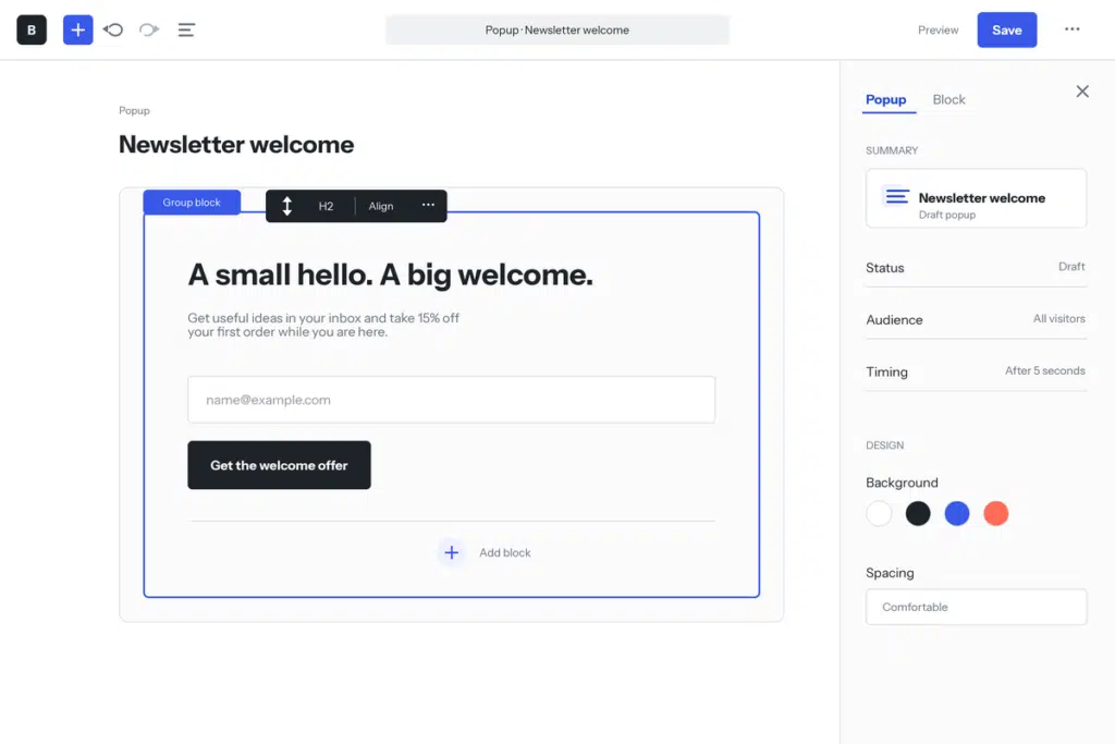 Simplified WordPress Block Editor showing a popup built with blocks.